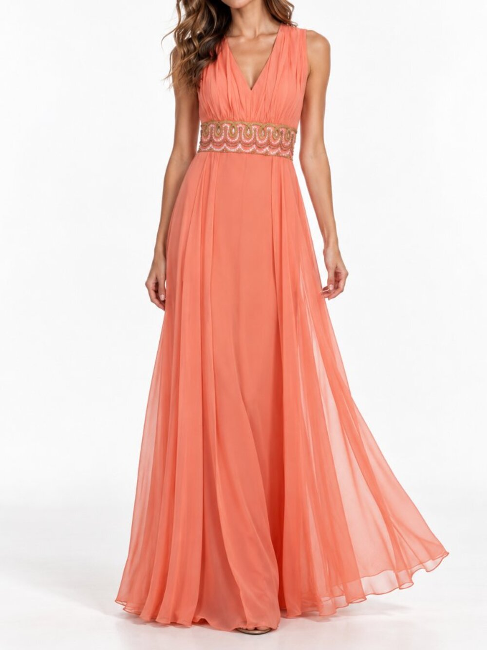 Vintage 70s Coral Chiffon Beaded Empire Waist Maxi Gown